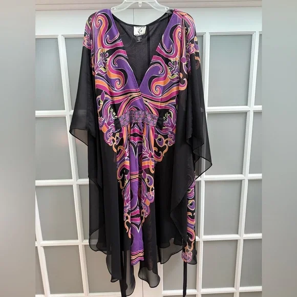 VTG I.C.E. Boho Black Dress & Kaftan Resort Evening Cover Up Set 2pc Size 18W - Picture 2 of 15